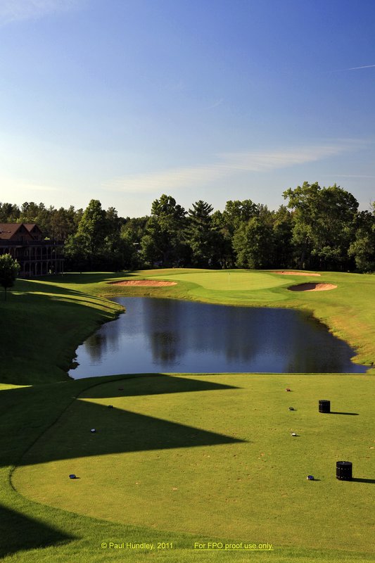 FPO proof - N103--0350-01  12x18  aRGB 5DMk2-16  RAW.jpg :: The par 3 third hole at The Castle Course at Northern Bay Resort, a public resort golf club located in Arkdale, WIsconsin.  The Castle Course is a mix of original holes and replicas of some of America's most famous golf holes.  This hole is a replica of the sixteenth hole at Augusta National Golf Club.  June,  2011; PM shoot.  Photograph by Paul Hundley.