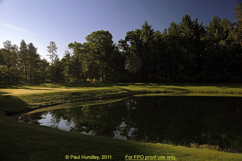 FPO proof - N103--0650-02  12x18  aRGB 5DMk2-16  RAW.jpg :: The par 5 sixth hole at The Castle Course at Northern Bay Resort, a public resort golf club located in Arkdale, WIsconsin.  The Castle Course is a mix of original holes and replicas of some of America's most famous golf holes.  This hole is a replica of the sixteenth hole at Firestone CC. June,  2011; AM shoot.  Photograph by Paul Hundley.