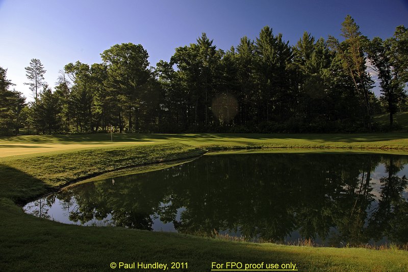 FPO proof - N103--0651-03  12x18  aRGB 5DMk2-16  RAW.jpg :: The par 5 sixth hole at The Castle Course at Northern Bay Resort, a public resort golf club located in Arkdale, WIsconsin.  The Castle Course is a mix of original holes and replicas of some of America's most famous golf holes.  This hole is a replica of the sixteenth hole at Firestone CC. June,  2011; AM shoot.  Photograph by Paul Hundley.