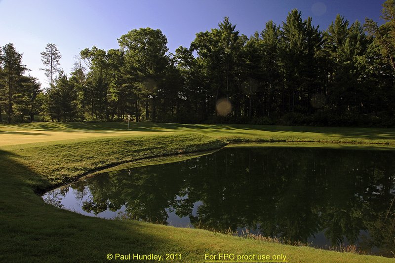 FPO proof - N103--0652-03  12x18  aRGB 5DMk2-16  RAW.jpg :: The par 5 sixth hole at The Castle Course at Northern Bay Resort, a public resort golf club located in Arkdale, WIsconsin.  The Castle Course is a mix of original holes and replicas of some of America's most famous golf holes.  This hole is a replica of the sixteenth hole at Firestone CC. June,  2011; AM shoot.  Photograph by Paul Hundley.
