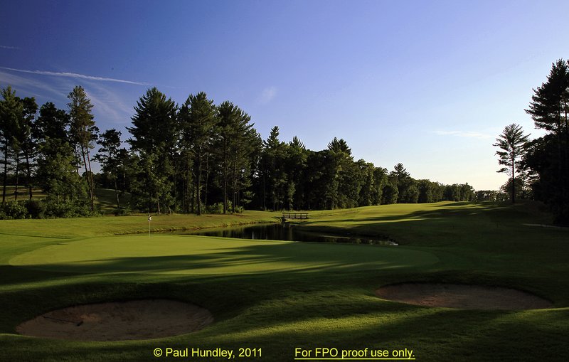 FPO proof - N103--0653-05  12x18  aRGB 5DMk2-16  RAW.jpg :: The par 5 sixth hole at The Castle Course at Northern Bay Resort, a public resort golf club located in Arkdale, WIsconsin.  The Castle Course is a mix of original holes and replicas of some of America's most famous golf holes.  This hole is a replica of the sixteenth hole at Firestone CC. June,  2011; PM shoot.  Photograph by Paul Hundley.