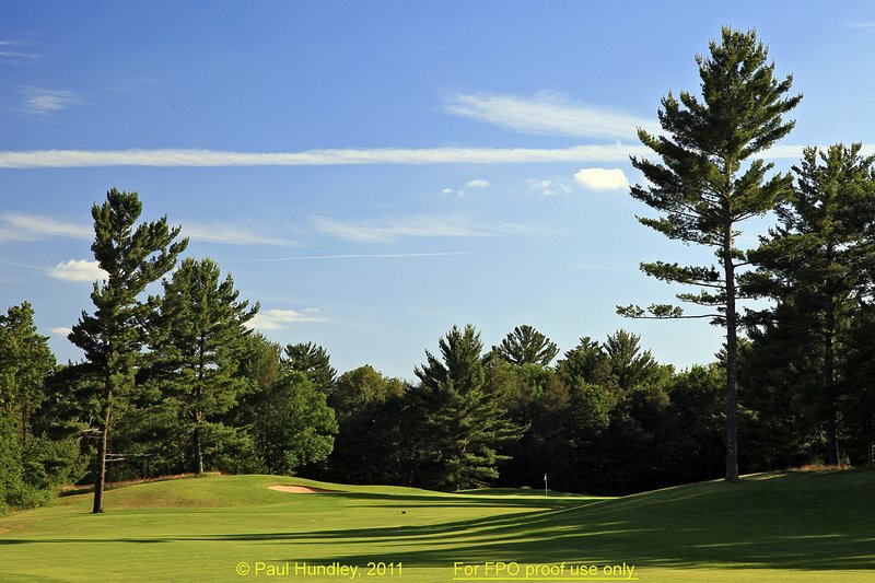 FPO proof - N103--0850-01  12x18  aRGB 5DMk2-16  RAW.jpg :: The par 5 eighth hole at The Castle Course at Northern Bay Resort, a public resort golf club located in Arkdale, WIsconsin.  The Castle Course is a mix of original holes and replicas of some of America's most famous golf holes.  June,  2011; PM shoot.  Photograph by Paul Hundley.