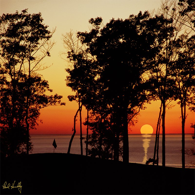 H102--1801  800px.jpg :: Horseshoe Bay GC, sunset over Green Bay from the eighteenth green; Egg Harbor, Wisconsin