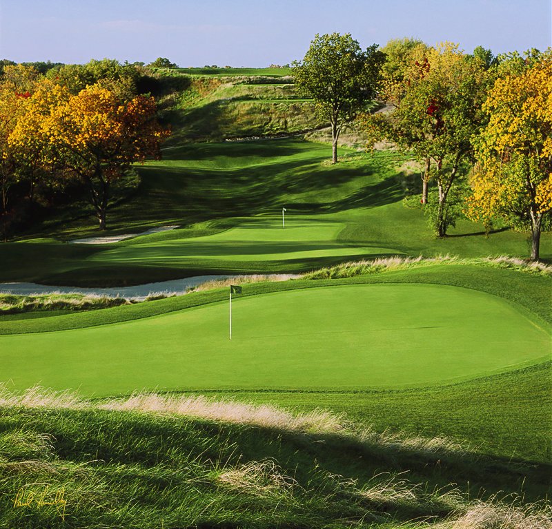 H105a--1601  (1.05  AR).jpg :: Sixteenth green (foreground) and seventeenth hole of the Como Crossings course; Hawk's View GC; Lake Geneva, Wisconsin