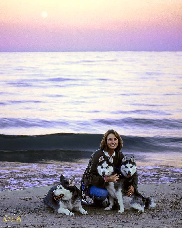 Janet . dogs on beach  aRGB CG3-8  800px.jpg :: Janet with Taylor, PJ, and Trooper (all \