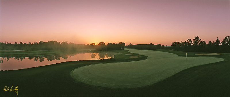 L100a--0901  (2.35  AR)1.jpg :: Ninth hole from behind the green at sunrise; Lakes course; Lake Arrowhead GC, Nekoosa, Wisconsin