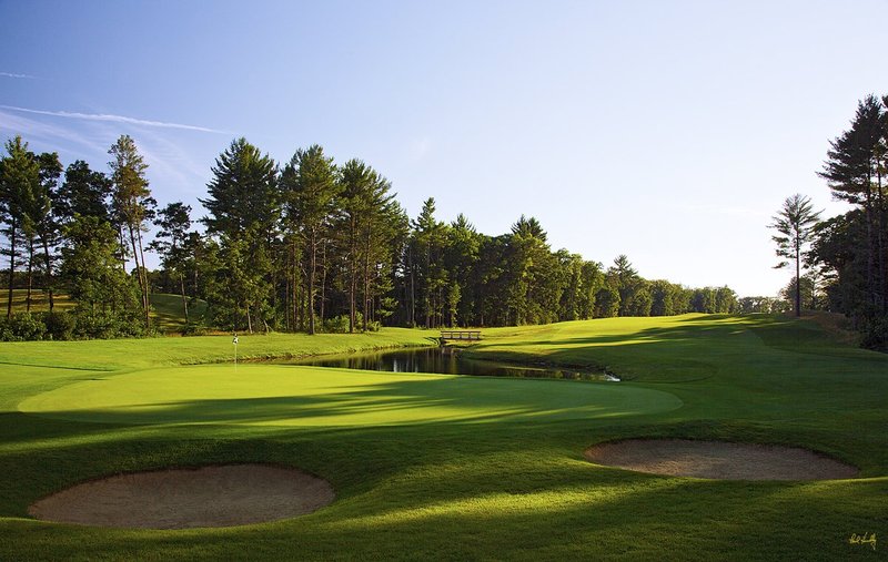 N103--0653  V4  1500px  SS (with signature).jpg :: The par 5 sixth hole at The Castle Course at Northern Bay Resort, a public resort golf club located in Arkdale, WIsconsin.  The Castle Course is a mix of original holes and replicas of some of America's most famous golf holes.  This hole is a replica of the sixteenth hole at Firestone CC. June,  2011; PM shoot.  Photograph by Paul Hundley.