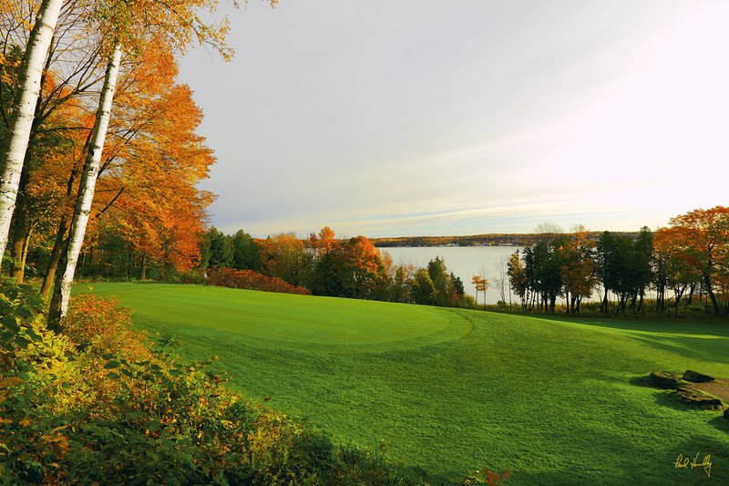 P101--1055  1500px  V2  SS.jpg :: The 10th green (overlooking Ephraim harbor) at Peninsula State Park GC, a daily fee golf course in Ephraim,Door County, Wisconsin.  Photograph by Paul Hundley.  October, 2010.  AM shoot.