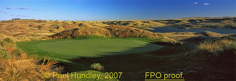 Paul Hundley FPO proof  S114--1701.jpg :: Seventeenth hole @ Sutton Bay; Agar, South Dakota.  Clubhouse and cabins on hilltop.