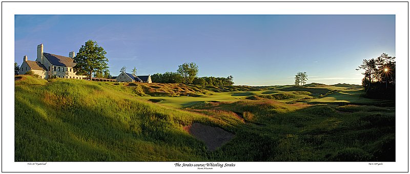 W102a--1852-T Pano  1000px  V1  USM2.jpg :: 18th hole on the Straits course at Whistling Straits; Haven, Wisconsin. Photo by Paul Hundley