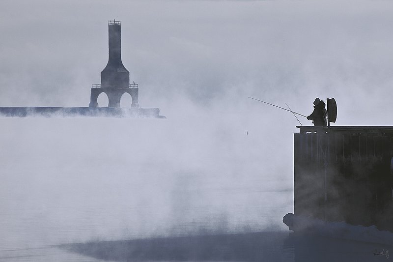 WI--Port Washington  109  V1  1200px  SS.jpg :: Steam rises off of the relatively warm water near the Port Washingtopn power plant on a sub-zero morning.  Port Washington harbor.  Port Washington, Wisconsin.  January, 2014.  Photograph by Paul Hundley