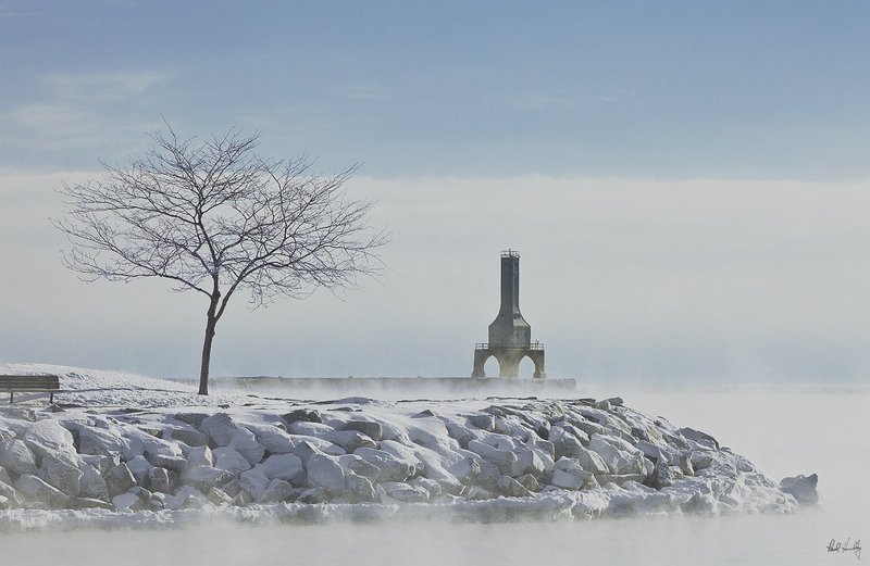 WI--Port Washington  112  V1  1200px  SS.jpg :: Steam rises off of the relatively warm water near the Port Washingtopn power plant on a sub-zero morning.  Port Washington harbor.  Port Washington, Wisconsin.  January, 2014.  Photograph by Paul Hundley