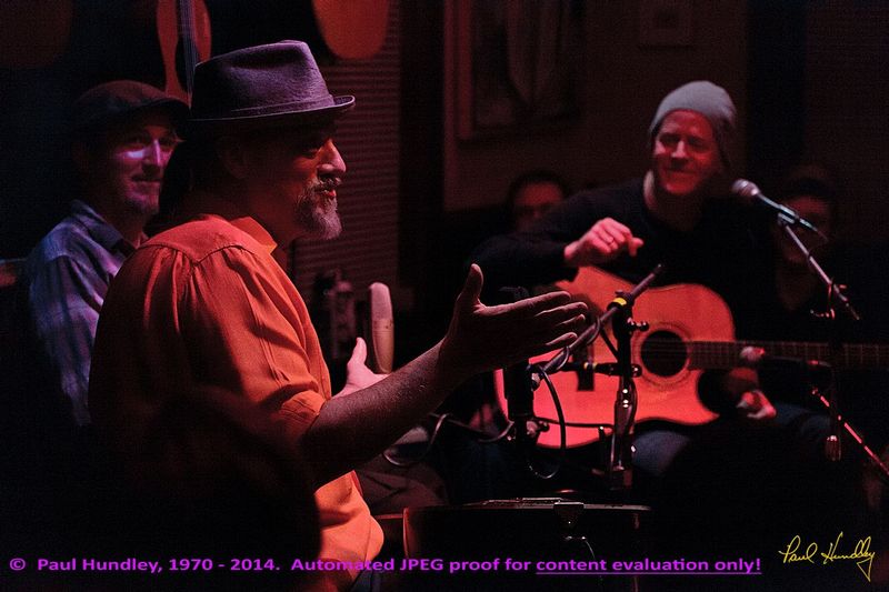 Approval proof - Peter Paul and Willy at Cafe Carpe by Paul Hundley - 21 - 03_1.jpg :: Peter Mulvey, Paul Cebar and Willy Porter (left to right) perform together for the first time to a sellout audience of 70 at the Cafe Carpe in Fort Atkinson, Wisconsin.  December 10, 2014.  Photograph by Paul Hundley