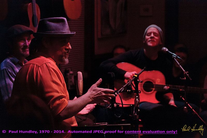 Approval proof - Peter Paul and Willy at Cafe Carpe by Paul Hundley - 21 - 07_1.jpg :: Peter Mulvey, Paul Cebar and Willy Porter (left to right) perform together for the first time to a sellout audience of 70 at the Cafe Carpe in Fort Atkinson, Wisconsin.  December 10, 2014.  Photograph by Paul Hundley