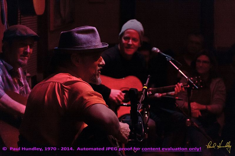 Approval proof - Peter Paul and Willy at Cafe Carpe by Paul Hundley - 42 - 05_1.jpg :: Peter Mulvey, Paul Cebar and Willy Porter (left to right) perform together for the first time to a sellout audience of 70 at the Cafe Carpe in Fort Atkinson, Wisconsin.  December 10, 2014.  Photograph by Paul Hundley