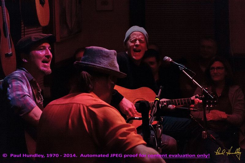 Approval proof - Peter Paul and Willy at Cafe Carpe by Paul Hundley - 48 - 02.jpg :: Peter Mulvey, Paul Cebar and Willy Porter (left to right) perform together for the first time to a sellout audience of 70 at the Cafe Carpe in Fort Atkinson, Wisconsin.  December 10, 2014.  Photograph by Paul Hundley