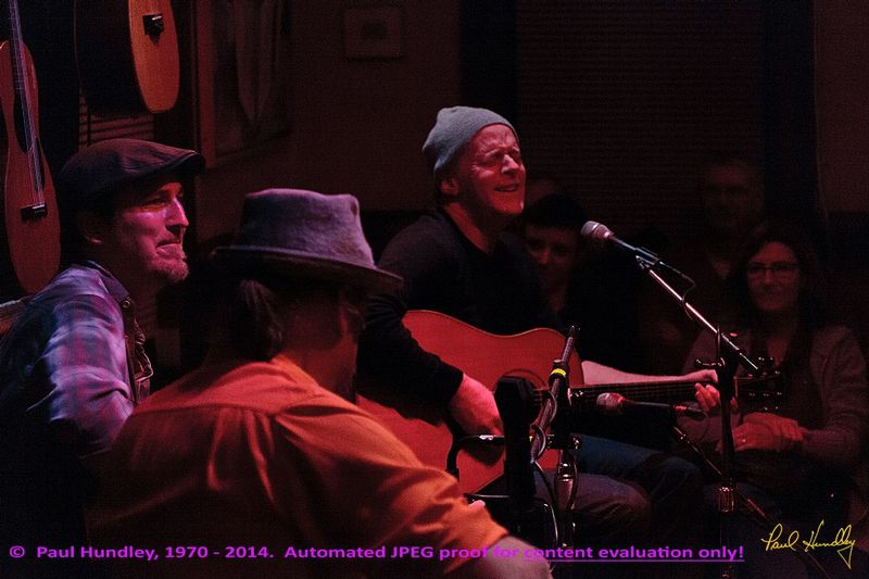Approval proof - Peter Paul and Willy at Cafe Carpe by Paul Hundley - 48 - 03.jpg :: Peter Mulvey, Paul Cebar and Willy Porter (left to right) perform together for the first time to a sellout audience of 70 at the Cafe Carpe in Fort Atkinson, Wisconsin.  December 10, 2014.  Photograph by Paul Hundley