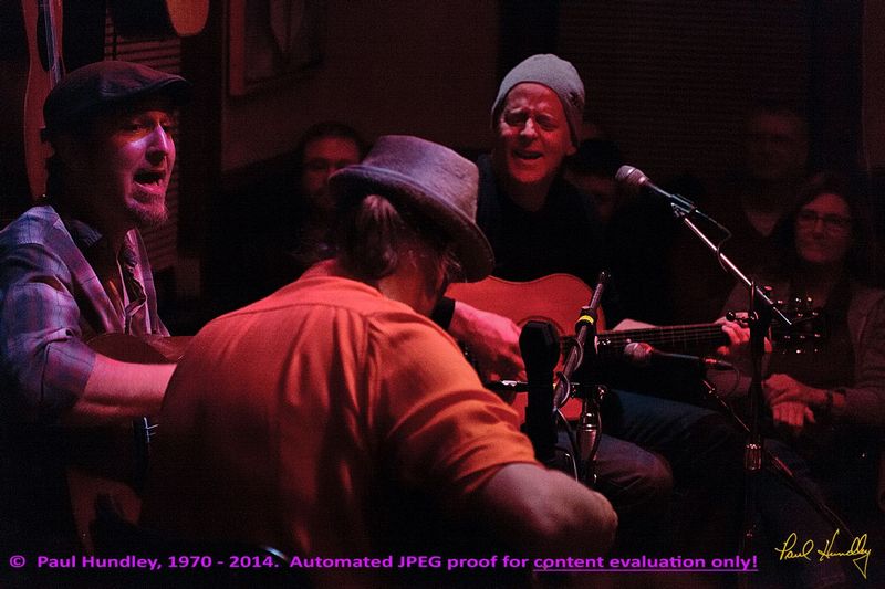 Approval proof - Peter Paul and Willy at Cafe Carpe by Paul Hundley - 55.jpg :: Peter Mulvey, Paul Cebar and Willy Porter (left to right) perform together for the first time to a sellout audience of 70 at the Cafe Carpe in Fort Atkinson, Wisconsin.  December 10, 2014.  Photograph by Paul Hundley