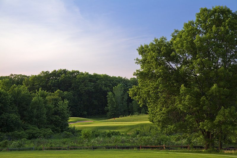 C112a--1650  V1  1200px with signature  SS.jpg :: The par four 16th hole on the Oaks Course at Christmas Village Resort in Wisconsin Dells, Wisconsin.  Christmas Village Resort is a 1400 acre resort development which includes 27 holes of golf.  Photograph by Paul Hundley; June, 2013
