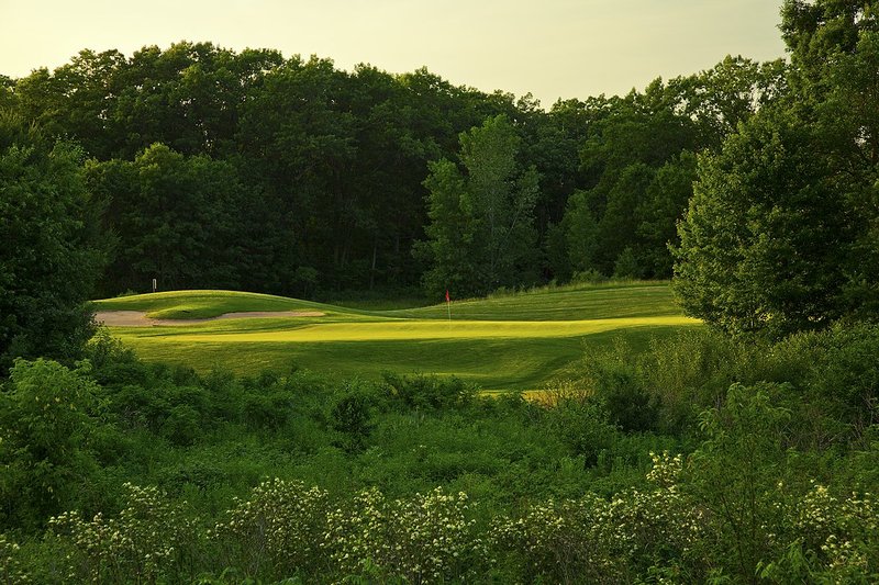 C112a--1651  V1  1200px with signature  SS.jpg :: The par four 16th hole on the Oaks Course at Christmas Village Resort in Wisconsin Dells, Wisconsin.  Christmas Village Resort is a 1400 acre resort development which includes 27 holes of golf.  Photograph by Paul Hundley; June, 2013