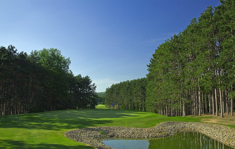 C112b--0150  V1  1200px with signature  SS.jpg :: The par 3 first hole on the Pines Course at Christmas Village Resort in Wisconsin Dells, Wisconsin.  Christmas Village Resort is a 1400 acre resort development which includes 27 holes of golf.  Photograph by Paul Hundley; June, 2013
