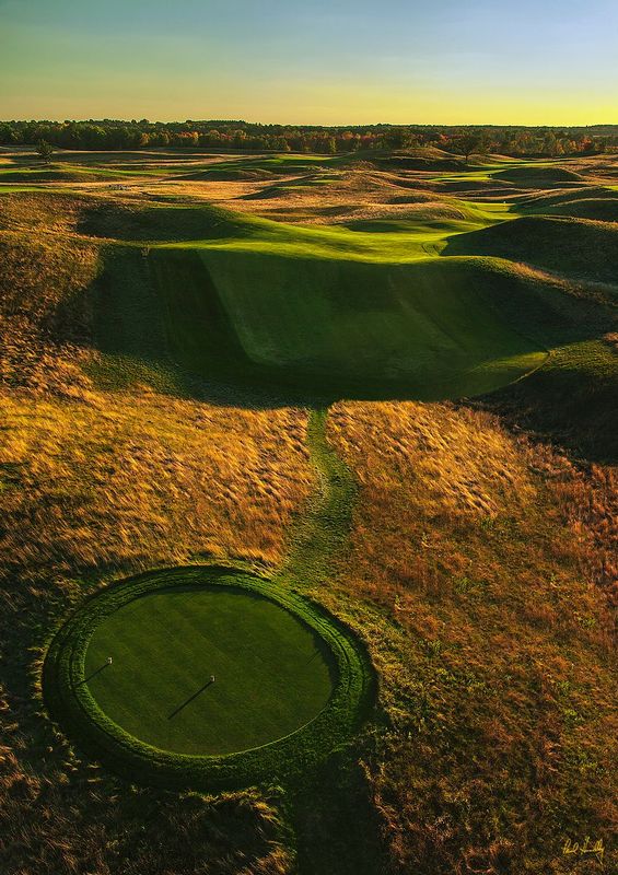 E101--1264  V1 1200px  SS  with signature.jpg :: The par four 12th hole at Erin Hills, a daily fee destination golf course and resort in Erin, Wisconsin and site of the 2017 US Open Championship.  The course was designed by Hurdzan/Fry and Ron Whitten and built by Landscapes Unlimited, LLC.  It opened for play in 2006 and has already hosted the 2011 US Amateur Chanpionship and the 2008 Women's Amateur Public Links.  Photograph and copyright by Paul Hundley, September, 2014.