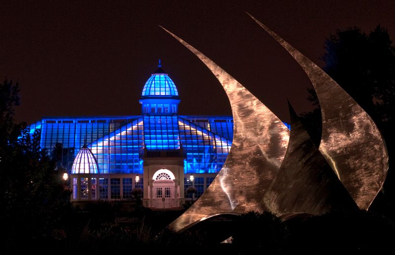 blue lites framed with sails DSC_52361.jpg :: This is a night shot of the Franklin park Conservatory in Columbus, Ohio framed by the 'sails\