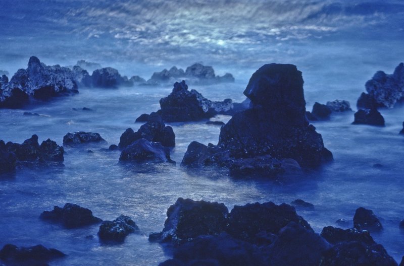 GBL-HI-28.jpg :: Moonlight on ocean and waves at rocky shoreline of Kalapana, Hawaii. USA.