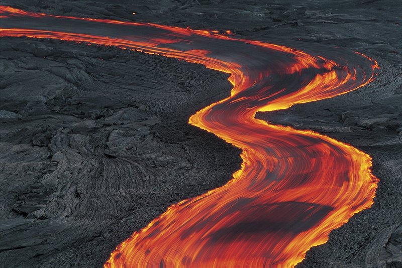 GBL-VLF-40.jpg :: Lava stream near the Pu'u O'o vent in fluid motion through grey rocky landscape