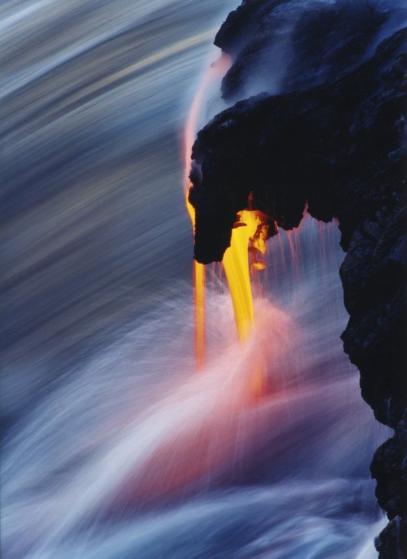 GBL-VLO-68.jpg :: Lava flowing into Pacific Ocean, after flowing seven miles downhill from vent of Kilauea Volcano. Hawaii. USA