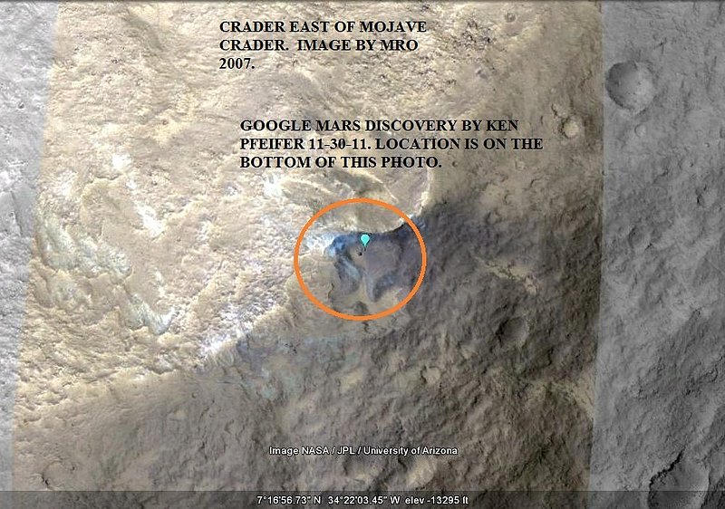 MARS DISCOVERY BY KEN PFEIFER 11-30-11--PIC 1--MRO IMAGE 2007--CRATER EAST OF MOJAVE CRATER..jpg :: XX