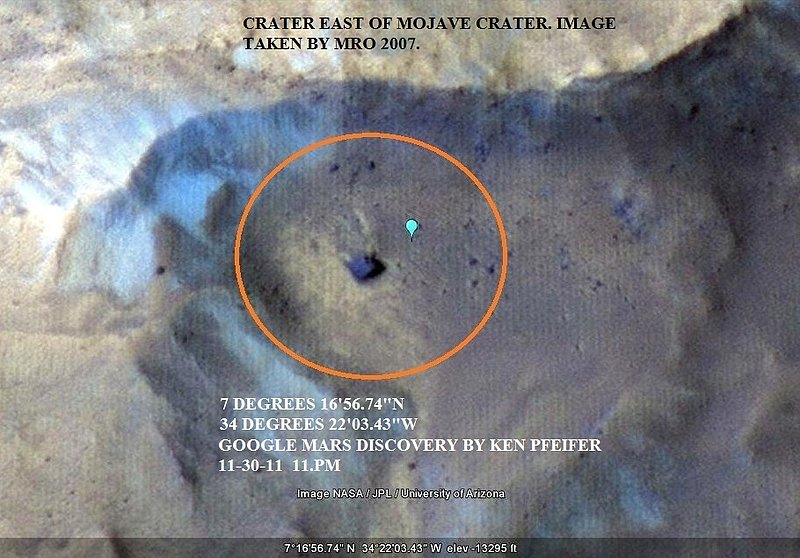 MARS DISCOVERY BY KEN PFEIFER 11-30-11--PIC 2--MRO IMAGE 2007--CRATER EAST OF MOJAVE CRATER..jpg :: XX