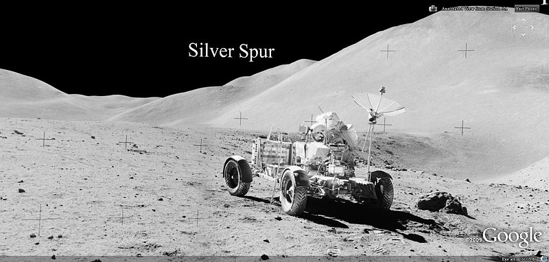 NASA STATION 9A--MOON ROVER--MOUNT HADLEY AREA--KEN PFEIFER--COPYRIGHT GOOGLE.jpg :: APOLLO 15 MOUNT HADLEY AREA--STATION 9--HORIZON BLACKED OUT IN THIS PHOTO--KEN PFEIFER--COPYRIGHT GOOGLE